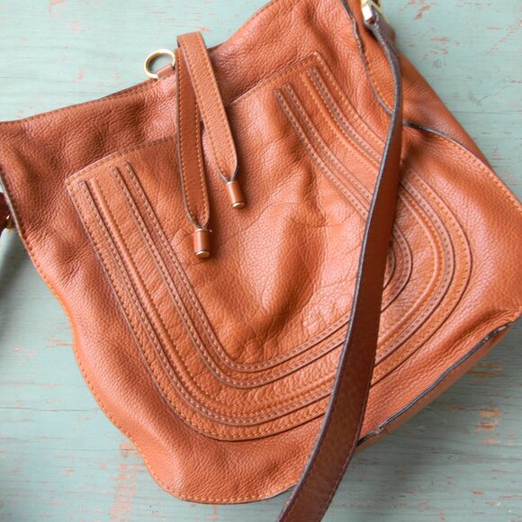 CHLOE MARCIE TAN PEBBLE LEATHER HOBO/CROSSBODY MESSENGER BAG MADE IN ITALY - Picture 1 of 15